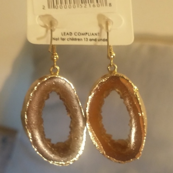 MODE Druzy Geode Sliced +Hallowed Citrine Drop Earrings Encased Gold-tone Enamel - Picture 6 of 10